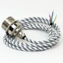 Textilkabel Schwarz-Weiß mit Vintage E27 Lampenfassung Messing vernickelt und 2 Schraubringe 1-5m