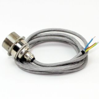 Textilkabel Silber mit Vintage E27 Lampenfassung Messing vernickelt und 2 Schraubringe 1-5m