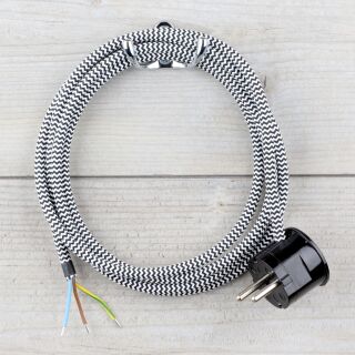 Textilkabel Schwarz-Weiß Zick-Zack 3-adrig mit Schutzkontakt-Winkelstecker Anschlussleitung Zuleitung 1-5m