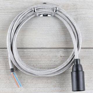 Textilkabel Silber E14 Lampenfassung mit Glattmantel Kunststoff schwarz