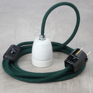 Textilkabel Lampenpendel dunkelgrün mit E27 Porzellanfassung Schnurschalter und Schutzkontakt-Stecker schwarz