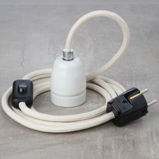 Textilkabel Elfenbein mit E27 Porzellanfassung Schnurschalter und Schutzkontakt-Stecker schwarz