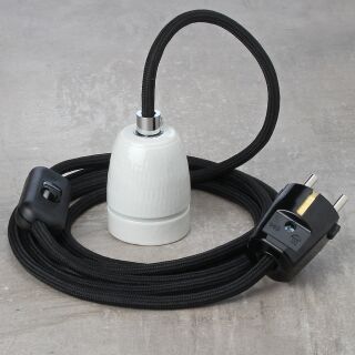 Textilkabel Schwarz mit E27 Porzellanfassung Schnurschalter und Schutzkontakt-Stecker schwarz