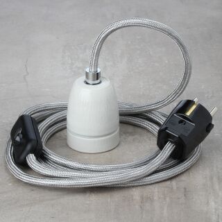 Textilkabel Silber mit E27 Porzellanfassung Schnurschalter und Schutzkontakt-Stecker schwarz