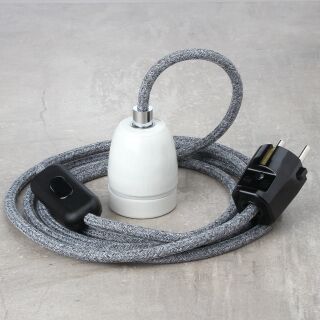 Textilkabel Steingrau mit E27 Porzellanfassung Schnurschalter und Schutzkontakt-Stecker schwarz