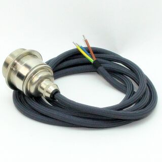Textilkabel Graphit-Grau mit Vintage E27 Lampenfassung Messing vernickelt und 2 Schraubringe 1-5m