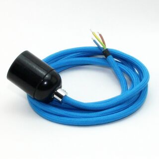 Textilkabel Blau mit E27 Lampenfassung Bakelitoptik schwarz und Zugentlastung Metall chrom