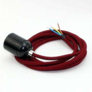 Textilkabel Bordeaux Rot mit E27 Lampenfassung Bakelitoptik schwarz und Zugentlastung Metall chrom