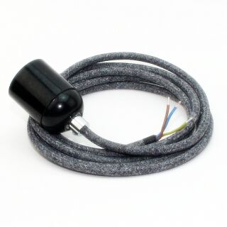 Textilkabel Steingrau mit E27 Lampenfassung Bakelitoptik schwarz und Zugentlastung Metall chrom