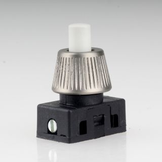Lampen Einbau-Druckschalter weiß mit M10x1 Schrägmutter gerändelt Edelstahloptik 250V/2A 1-polig