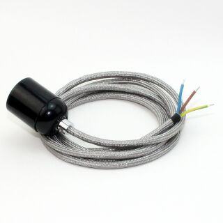 Textilkabel Silber mit E27 Lampenfassung Bakelitoptik schwarz und Zugentlastung Metall chrom