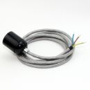 Textilkabel Silber mit E27 Lampenfassung Bakelitoptik schwarz und Zugentlastung Metall chrom