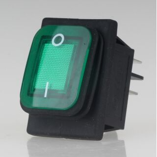 Einbau-Wippschalter grün beleuchtet 2-polig EIN/AUS 30×22 mm 16A 250V AC IP65