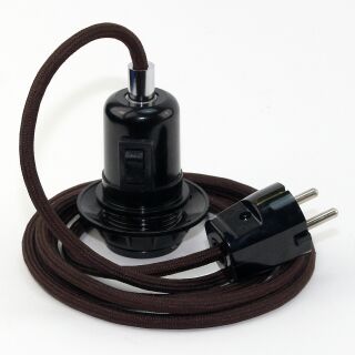 Textilkabel Braun mit E27 Wippschalter-Lampenfassung Gewindemantel Kunststoff schwarz mit Stecker
