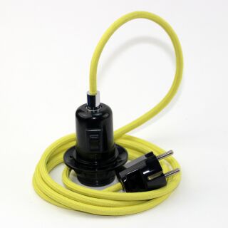 Textilkabel Gelb mit E27 Wippschalter-Lampenfassung Gewindemantel Kunststoff schwarz mit Stecker