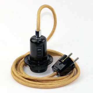 Textilkabel Gold mit E27 Wippschalter-Lampenfassung Gewindemantel Kunststoff schwarz mit Stecker