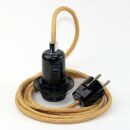 Textilkabel Gold mit E27 Wippschalter-Lampenfassung Gewindemantel Kunststoff schwarz mit Stecker