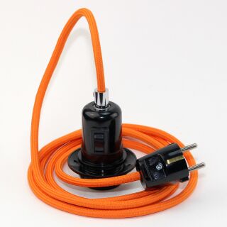 Textilkabel Orange mit E27 Wippschalter-Lampenfassung Gewindemantel Kunststoff schwarz mit Stecker