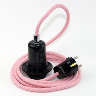 Textilkabel Pendel rosa E27 Bakelit Vintage Fassung Teilgewindemantel mit Schalter schwarz und Schutzkontakt-Stecker