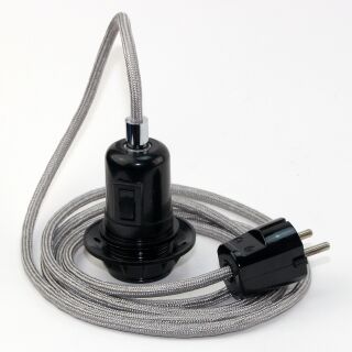Textilkabel Silber mit E27 Wippschalter-Lampenfassung Gewindemantel Kunststoff schwarz mit Stecker