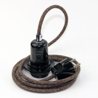 Textilkabel Braun-Meliert mit E27 Wippschalter-Lampenfassung Gewindemantel Kunststoff schwarz mit Stecker
