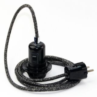 Textilkabel Grau-Meliert mit E27 Wippschalter-Lampenfassung Gewindemantel Kunststoff schwarz mit Stecker