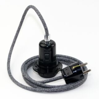 Textilkabel Steingrau mit E27 Wippschalter-Lampenfassung Gewindemantel Kunststoff schwarz mit Stecker