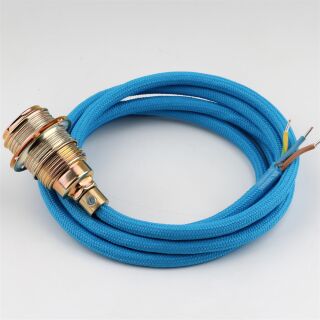 Textilkabel Blau mit E14 Lampenfassung Metall vermessingt und 2 Schraubringe 1-5m
