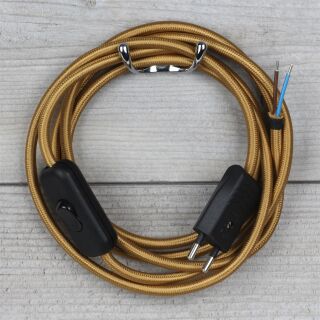 Textilkabel Gold 2-adrig mit Schnurschalter und Euro-Flachstecker Anschlussleitung 2-5m