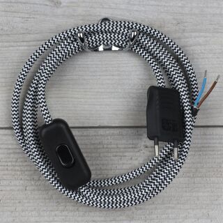 Textilkabel Schwarz-Weiß Zick-Zack 2-adrig mit Schnurschalter und Euro-Flachstecker Anschlussleitung 2-5m