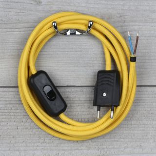 Textilkabel Anschlussleitung 2-5m gelb mit Schalter und Euro-Flachstecker