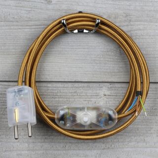Textilkabel Gold 3-adrig mit Schnurschalter und Schutzkontakt-Stecker transparent 2-5m