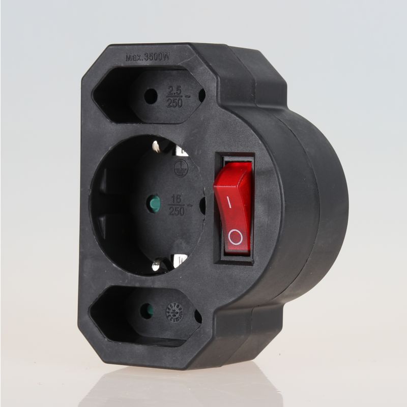 Schuko Stecker Adapter mit Schalter Steckdose Zwischensteckdose  Adapterstecker für den Außenbereich in schwarz-grün