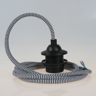 Textilkabel Schwarz-Weiß zick-zack mit E27 Dach-Lampenfassung schwarz 1-5m