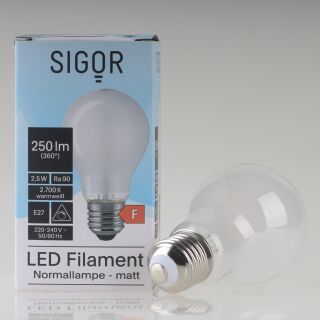 Sigor E27 LED Filament Leuchtmittel matt 2,5W=(25W) 220-240V 250 lm 2700K warmweiß dimmbar
