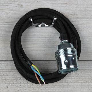 Textilkabel Schwarz mit E27 Lampenfassung Metall verchromt inkl. Zugentlaster Kunststoff schwarz 1-5m