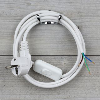 PVC-Lampen Anschlussleitung weiß 2 Meter 3-adrig mit Schnurschalter Zwischenschalter und zwei Erdleitersystem Stecker