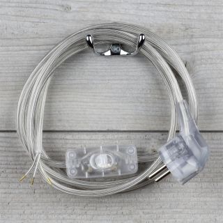 Lampen Anschlussleitung transparent 2 Meter 3-adrig mit Schnurschalter und zwei Erdleitersystem Stecker