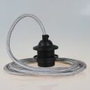 Textilkabel Silber mit E27 Dach-Lampenfassung schwarz 1-5m
