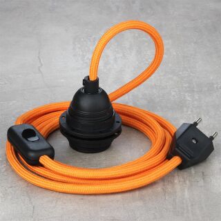 Textilkabel Orange mit E27 Lampenfassung Schnurschalter und Euro-Flachstecker schwarz