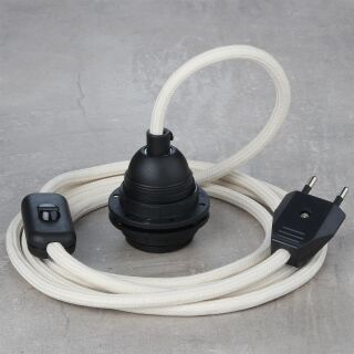 Textilkabel Elfenbein mit E27 Lampenfassung Schnurschalter und Euro-Flachstecker schwarz