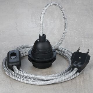 Textilkabel Silber mit E27 Lampenfassung Schnurschalter und Euro-Flachstecker schwarz