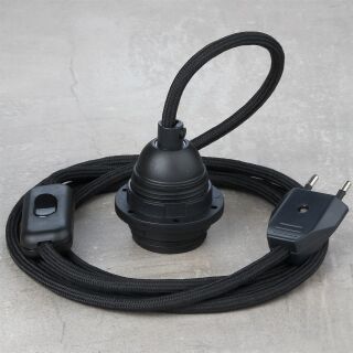 Textilkabel Schwarz mit E27 Lampenfassung Schnurschalter und Euro-Flachstecker schwarz